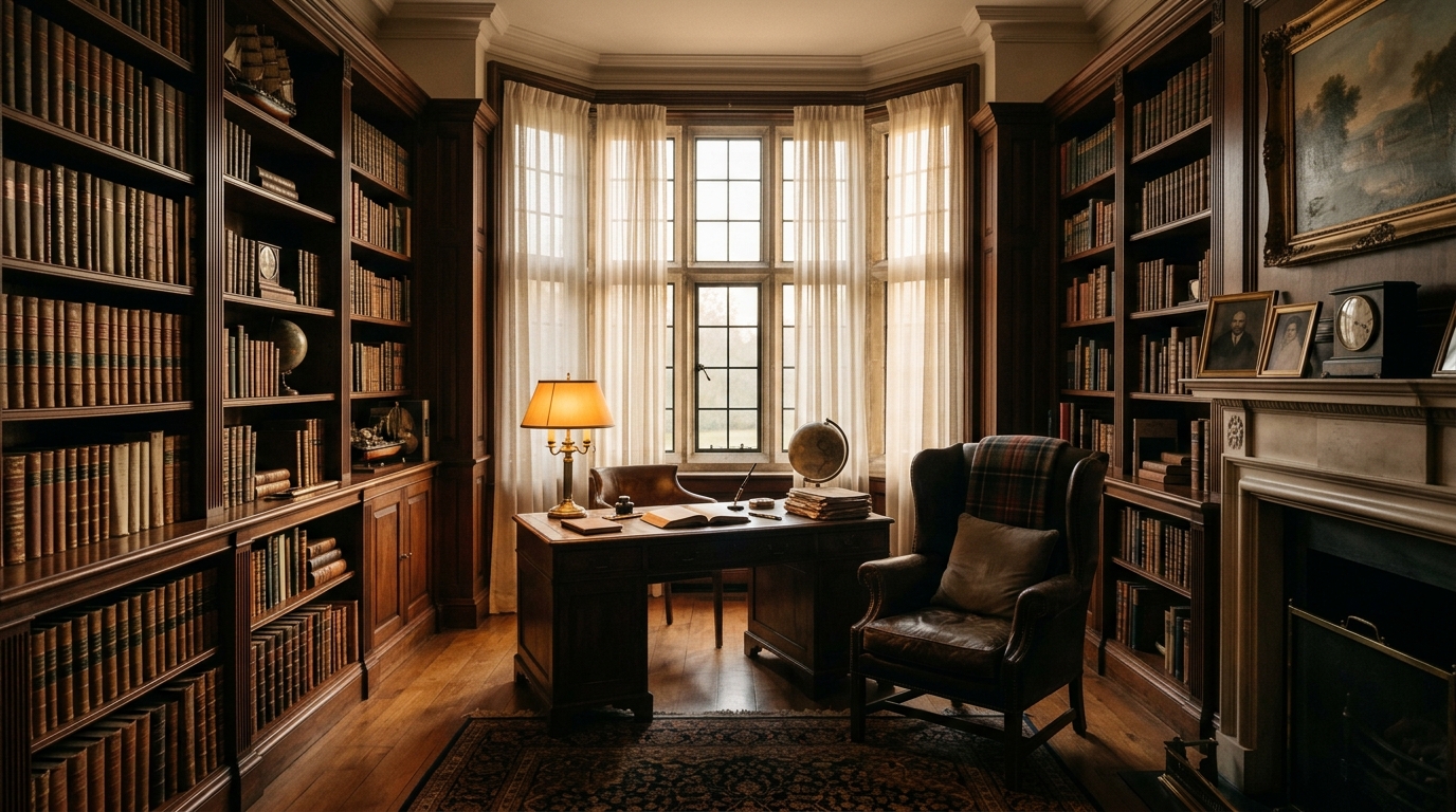 Warmly lit private study with dark wood bookshelves — the quiet, considered setting of Miao Ling's estate planning practice